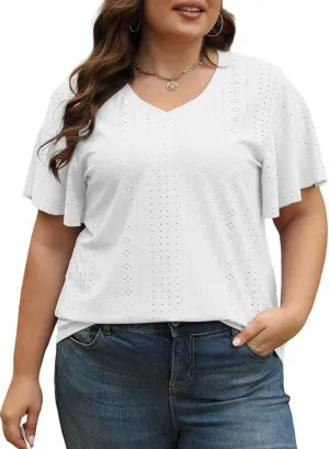 ROSRISS Plus-Size-Tops for Women Hollow Casual V Neck Loose Fit Short Sleeve Shirts