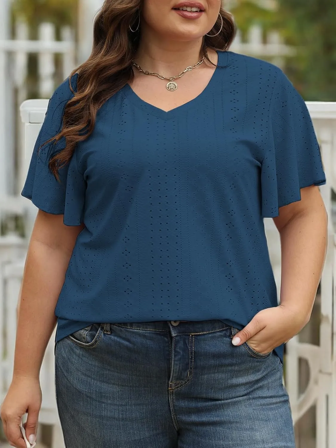 ROSRISS Plus-Size-Tops for Women Hollow Casual V Neck Loose Fit Short Sleeve Shirts