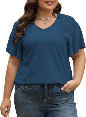 ROSRISS Plus-Size-Tops for Women Hollow Casual V Neck Loose Fit Short Sleeve Shirts