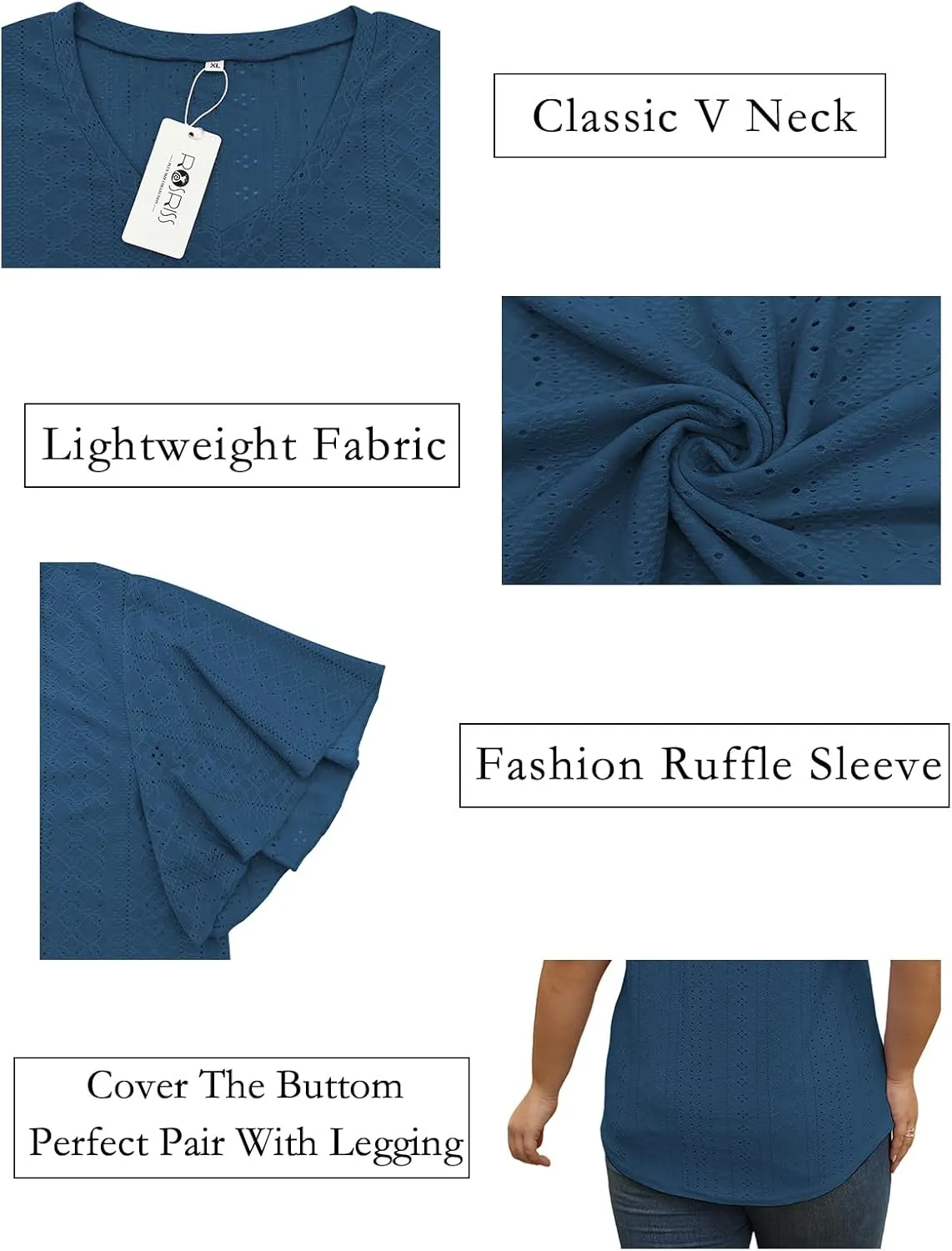 ROSRISS Plus-Size-Tops for Women Hollow Casual V Neck Loose Fit Short Sleeve Shirts