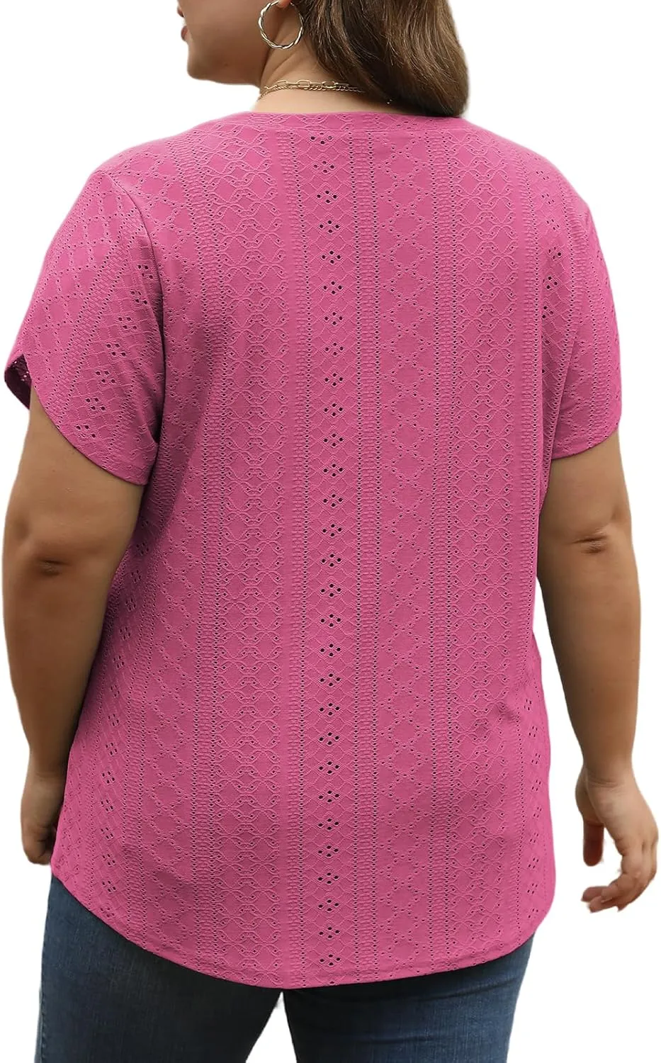 ROSRISS Womens Plus-Size Tops Summer V Neck Eyelet Petal Short Sleeve Shirts