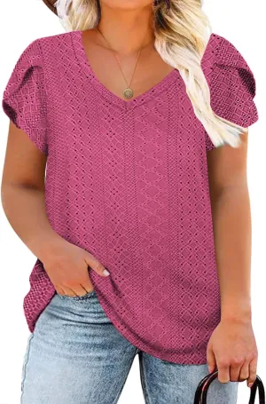 ROSRISS Womens Plus-Size Tops Summer V Neck Eyelet Petal Short Sleeve Shirts