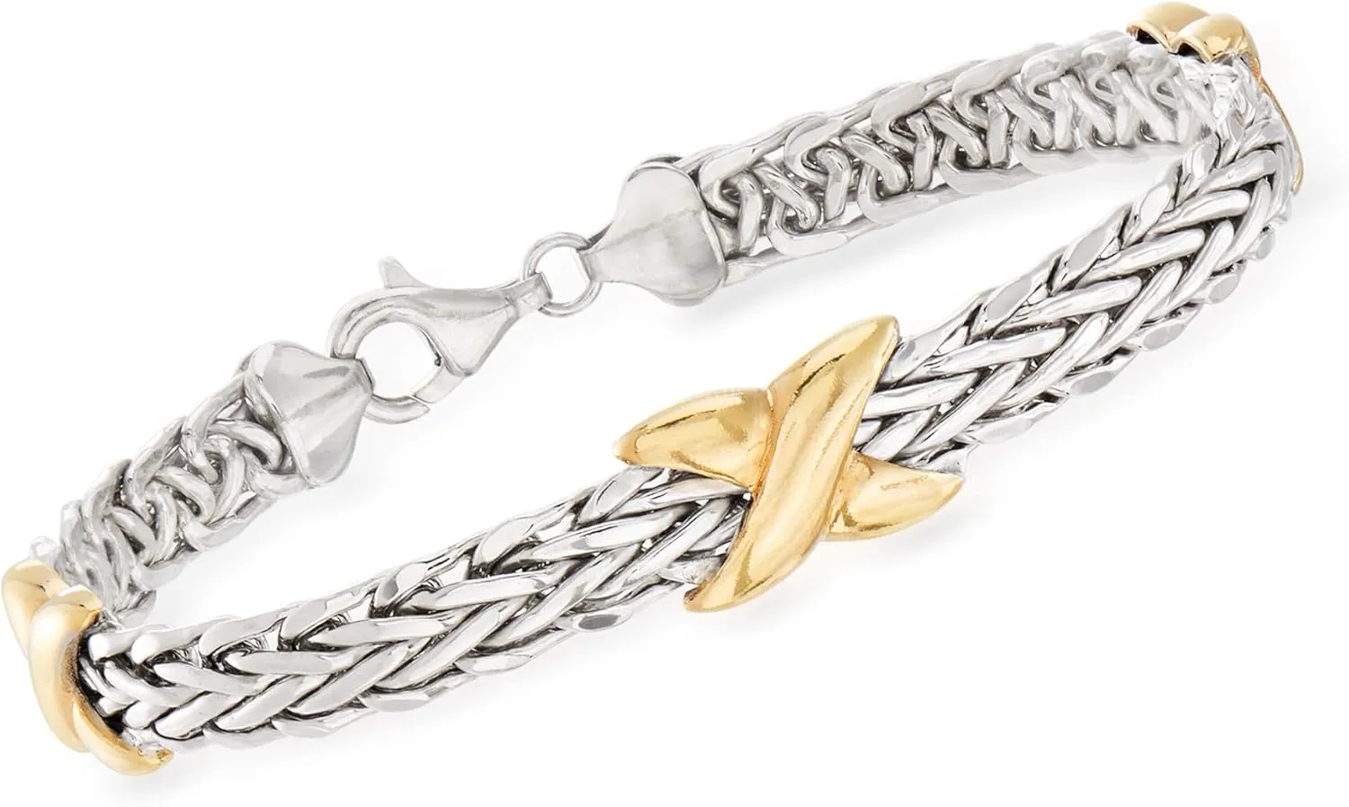Ross-Simons Two-Tone Sterling Silver Wheat-Link X Station Bracelet. 8 inches