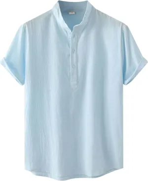 RTRDE Men's Linen Shirts Casual Fashion Solid Color Cotton Top Stand Collar Short Sleeve Shirt Tshirts Shirts