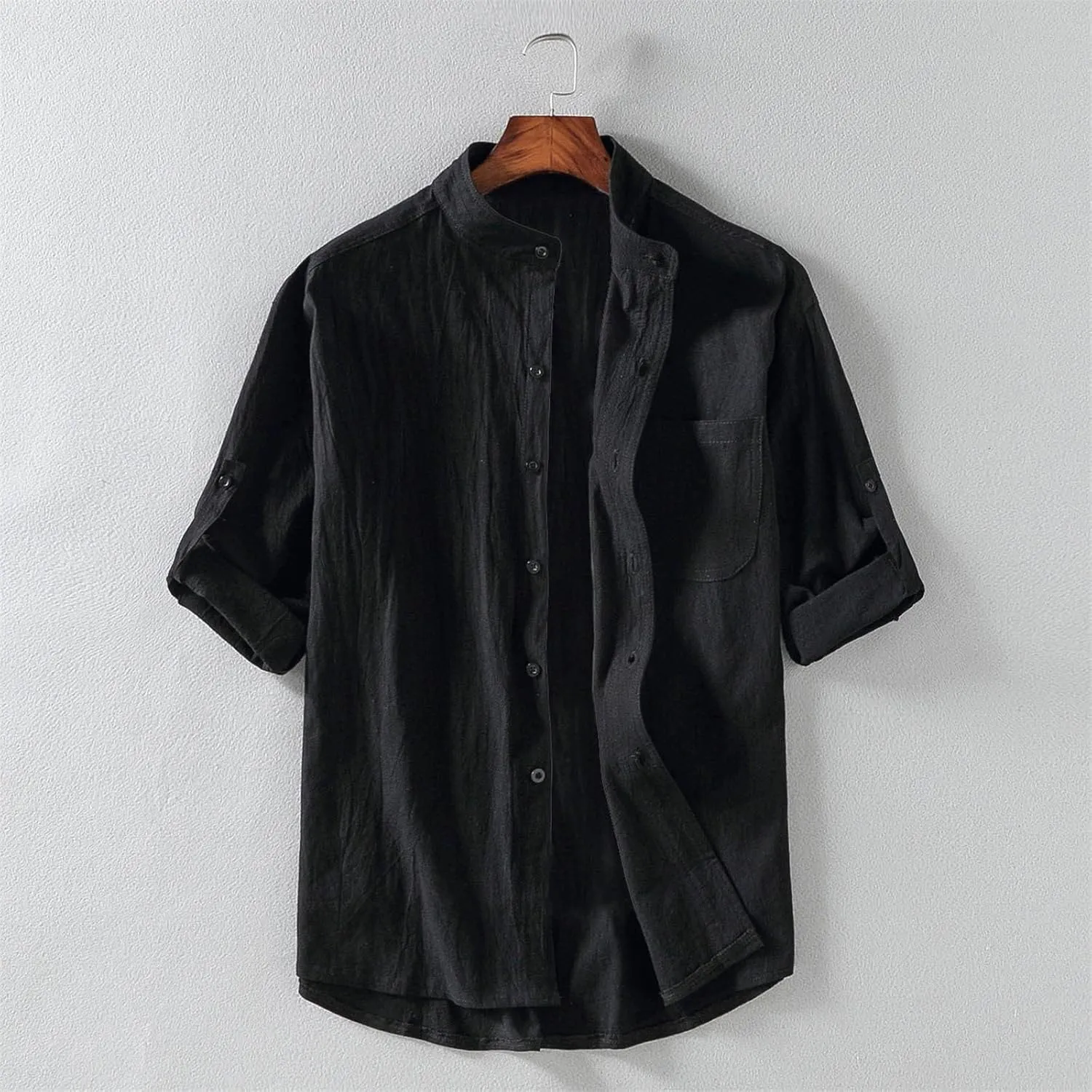 RTRDE Men's Linen Shirts Summer Stand-Up Collar Five-Point Mid-Sleeve Shirt Cotton Loose Solid Color Top Shirts