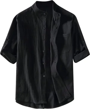 RTRDE Men's Linen Shirts Summer Stand-Up Collar Five-Point Mid-Sleeve Shirt Cotton Loose Solid Color Top Shirts