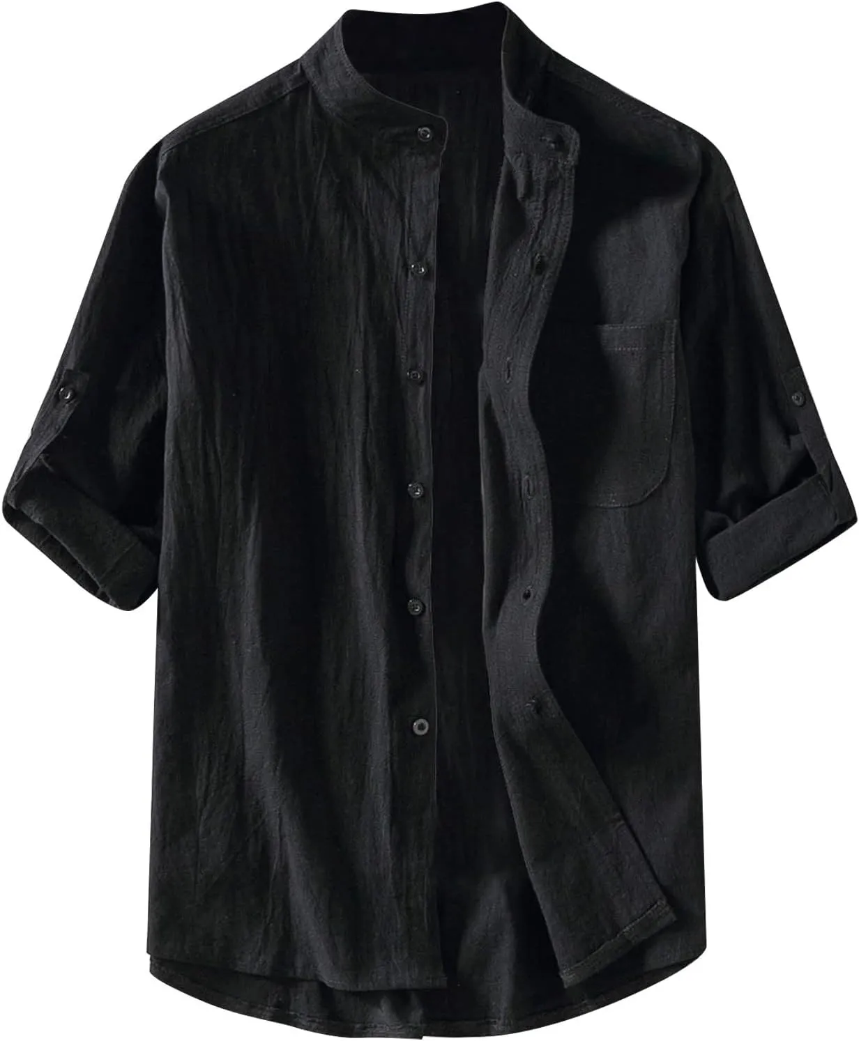 RTRDE Men's Linen Shirts Summer Stand-Up Collar Five-Point Mid-Sleeve Shirt Cotton Loose Solid Color Top Shirts