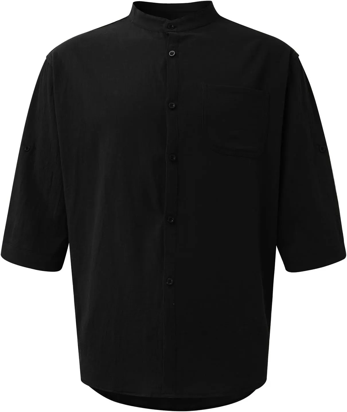 RTRDE Men's Linen Shirts Summer Stand-Up Collar Five-Point Mid-Sleeve Shirt Cotton Loose Solid Color Top Shirts