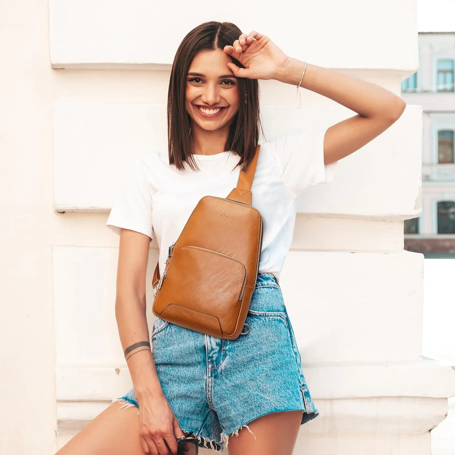 S-ZONE Sling Bag for Women Men RFID Blocking Genuine Leather Crossbody Backpack Sling Purses Fashion Travel Daypack Chest Bags Ladies-Brown