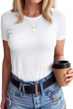 SANDERY Womens Round Neck Long/Short Sleeve Shirts Ribbed Casual Slim Fitted Tops Blouses