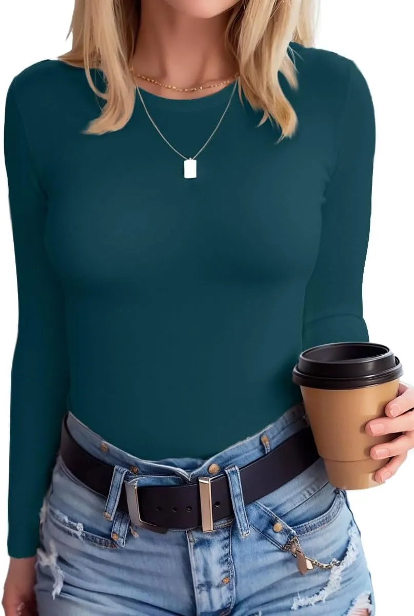 SANDERY Womens Round Neck Long/Short Sleeve Shirts Ribbed Casual Slim Fitted Tops Blouses