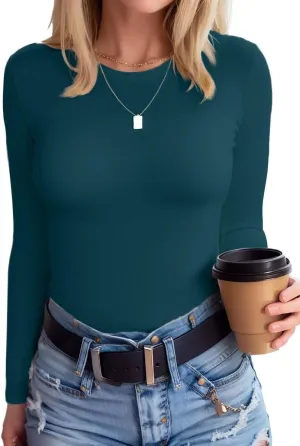 SANDERY Womens Round Neck Long/Short Sleeve Shirts Ribbed Casual Slim Fitted Tops Blouses