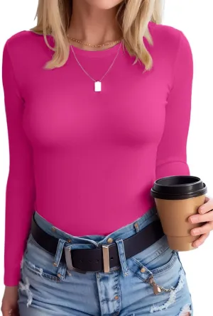 SANDERY Womens Round Neck Long/Short Sleeve Shirts Ribbed Casual Slim Fitted Tops Blouses