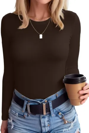 SANDERY Womens Round Neck Long/Short Sleeve Shirts Ribbed Casual Slim Fitted Tops Blouses