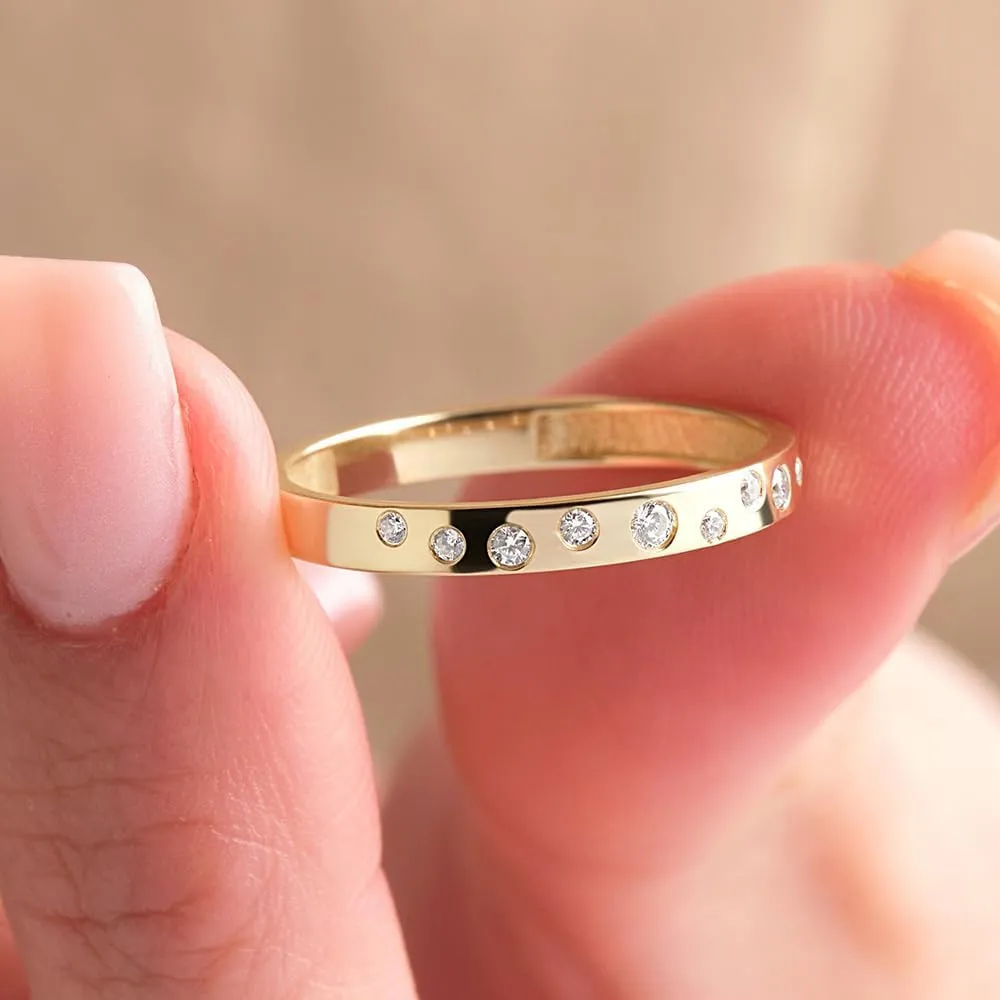 Scattered Petite Flush Set Round Moissanite Wedding Band for Women 2.5mm Dainty Celestial Half Eternity Moissanite Band Stackable Ring