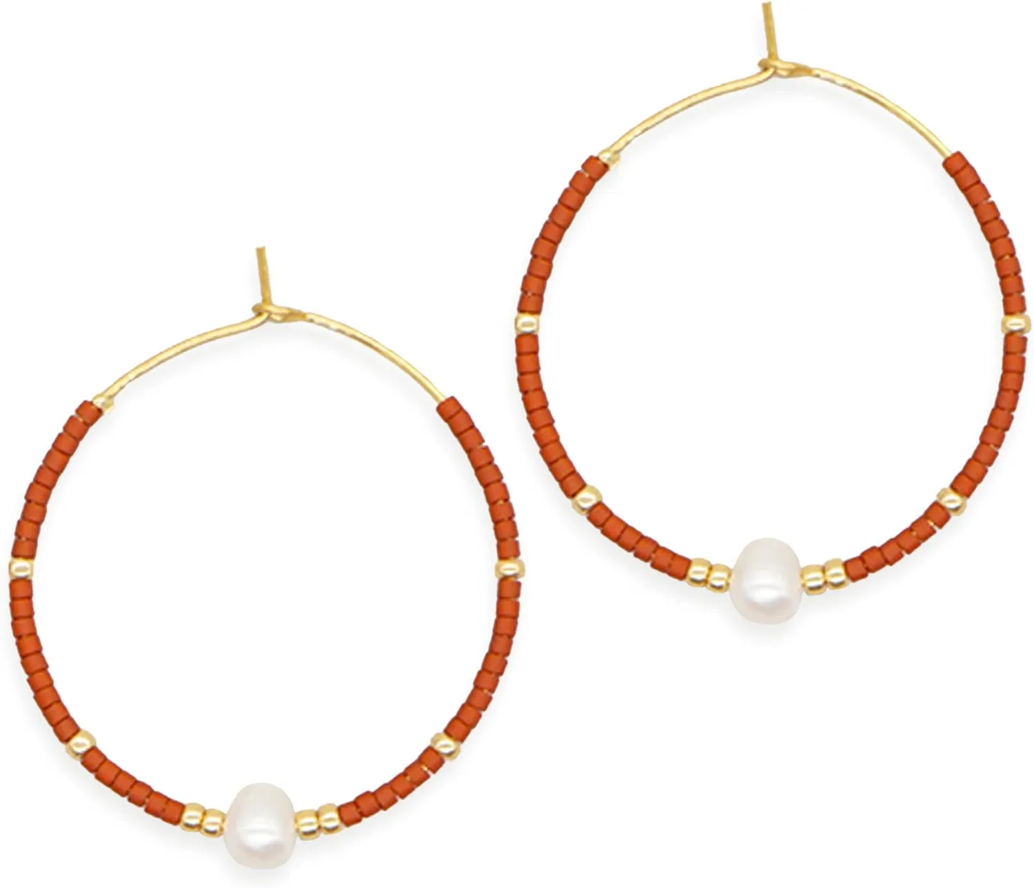 Seed Beaded Pearl Gold Hoop Earrings for Women, Boho Handmade Statement Colorful Beads Circle Earing Summer Beach Jewelry Gift.