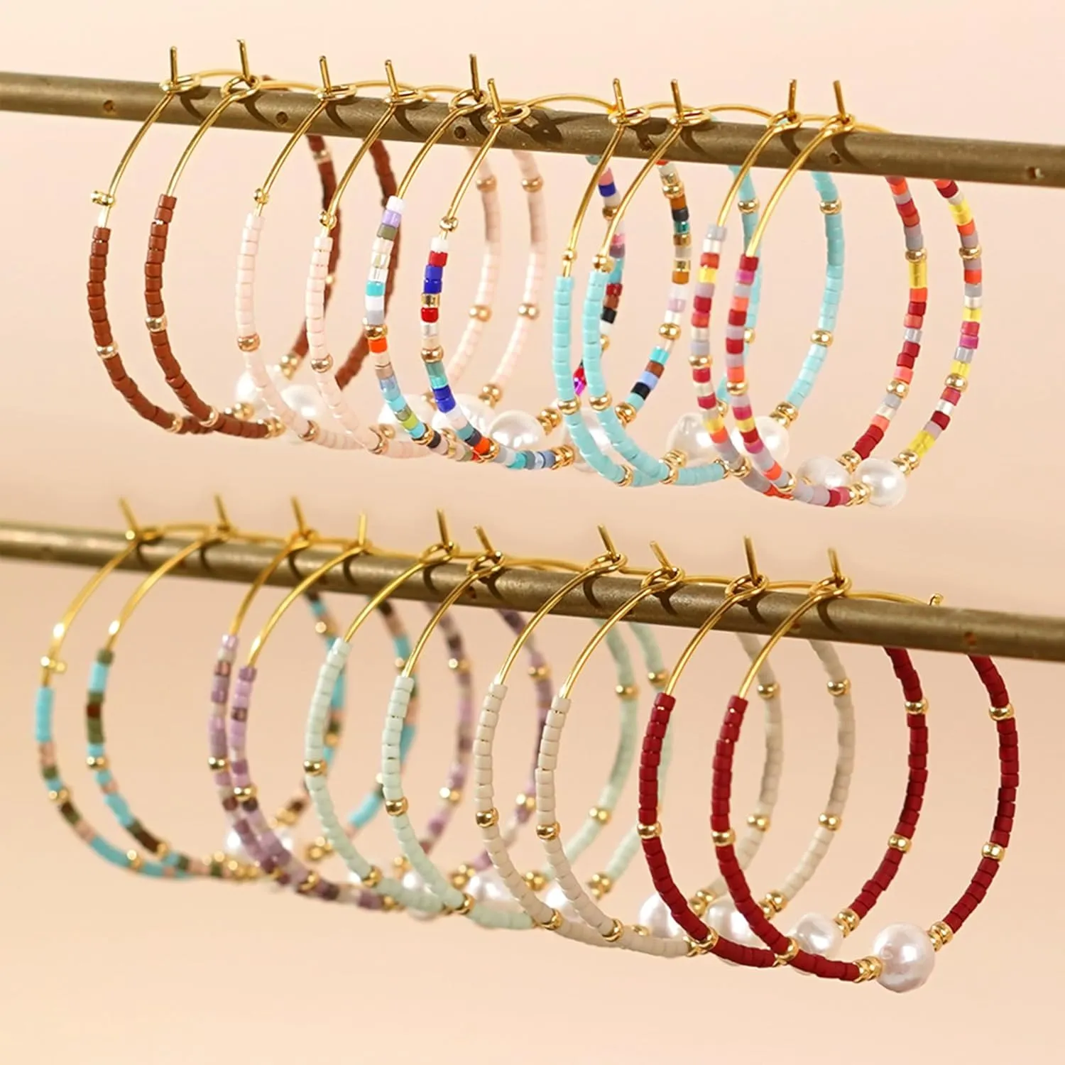 Seed Beaded Pearl Gold Hoop Earrings for Women, Boho Handmade Statement Colorful Beads Circle Earing Summer Beach Jewelry Gift.