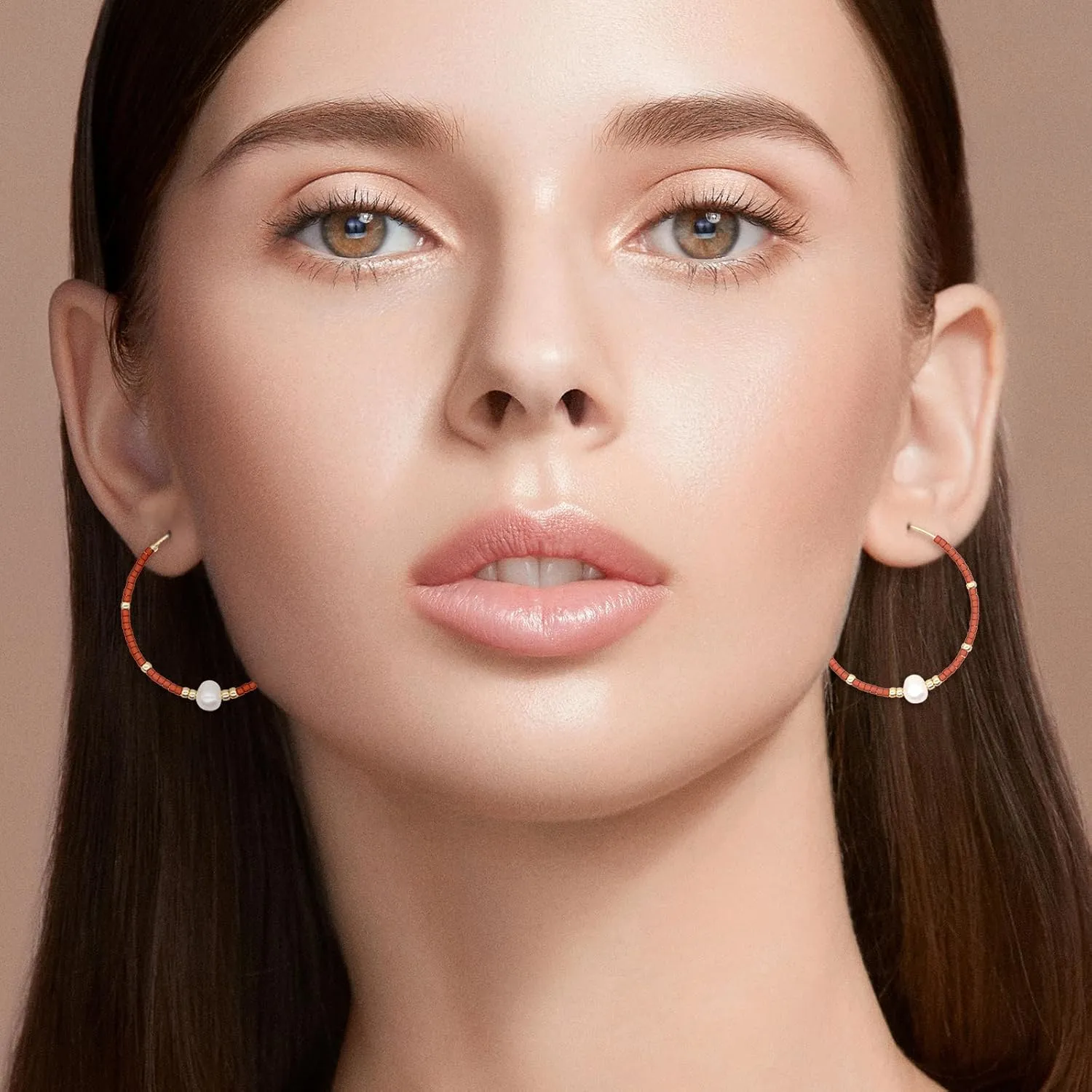 Seed Beaded Pearl Gold Hoop Earrings for Women, Boho Handmade Statement Colorful Beads Circle Earing Summer Beach Jewelry Gift.