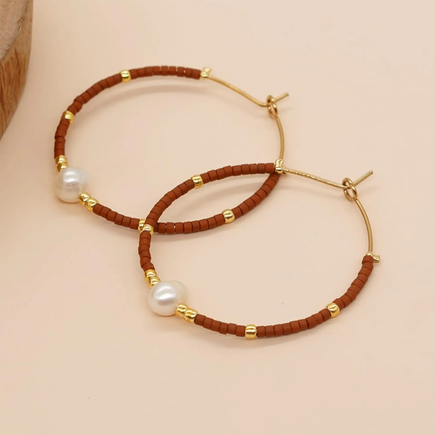 Seed Beaded Pearl Gold Hoop Earrings for Women, Boho Handmade Statement Colorful Beads Circle Earing Summer Beach Jewelry Gift.