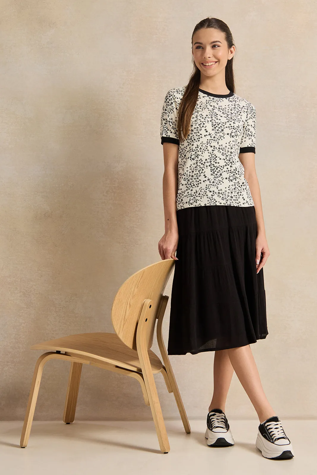 Senior Girls Beige/Black Printed T-Shirt