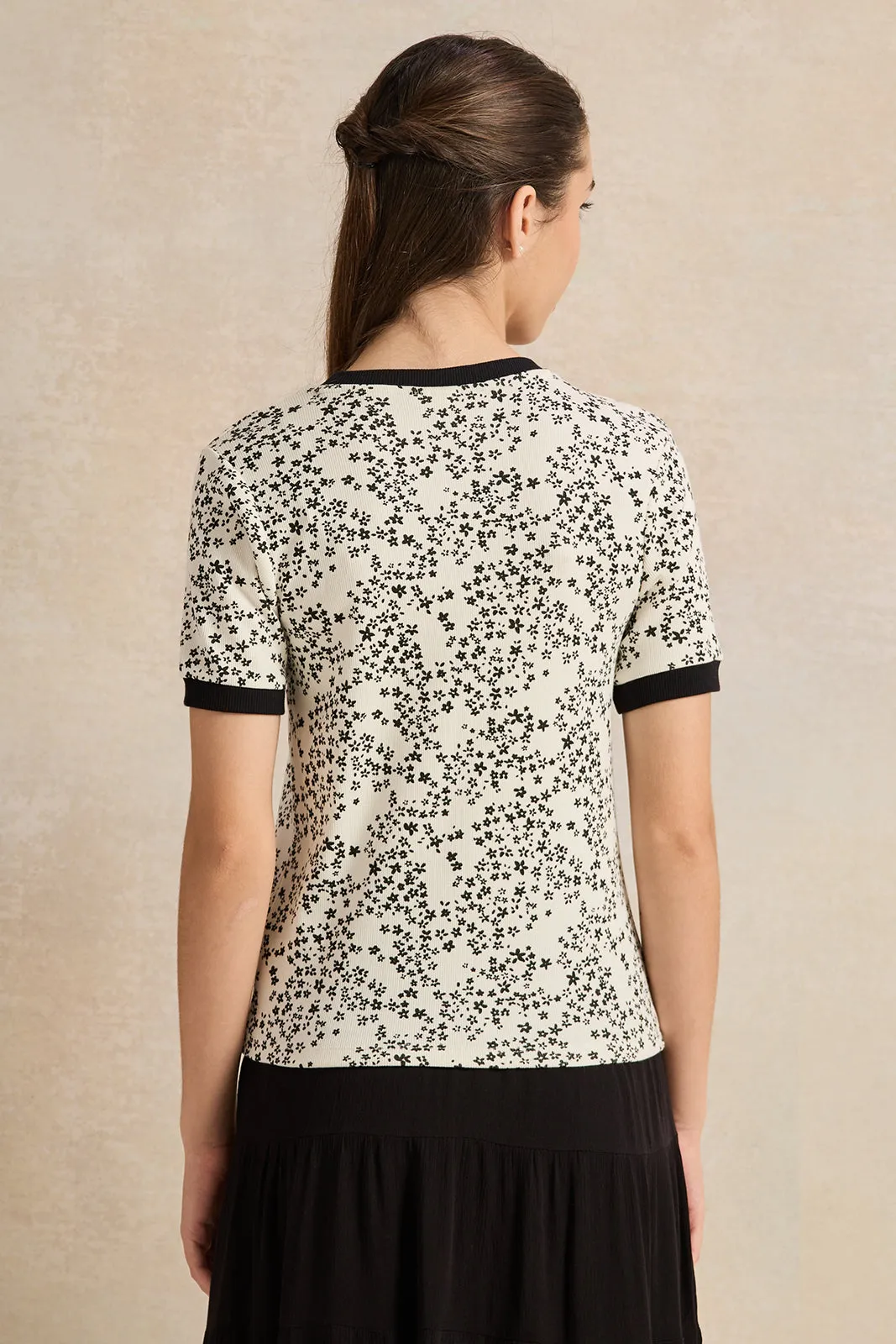 Senior Girls Beige/Black Printed T-Shirt