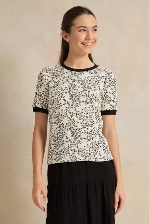 Senior Girls Beige/Black Printed T-Shirt