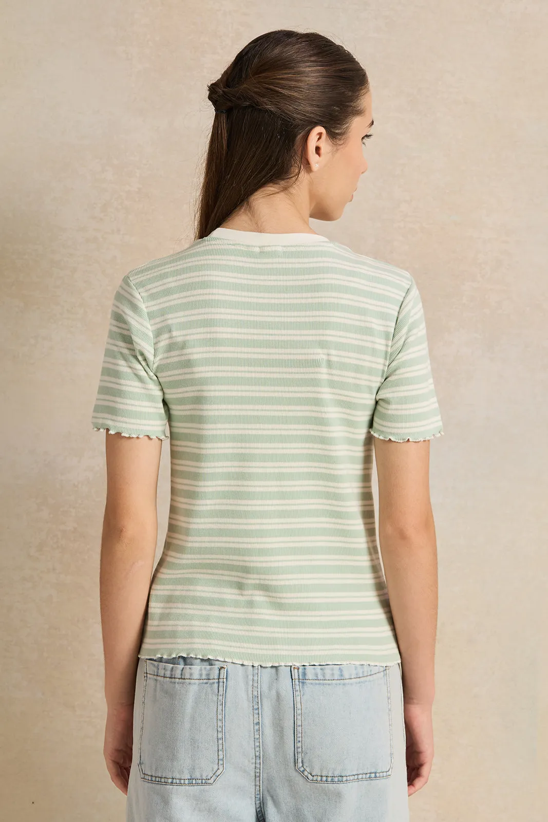 Senior Girls Green And White Striped T-Shirt