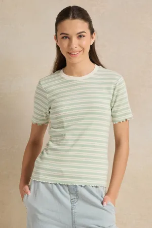 Senior Girls Green And White Striped T-Shirt