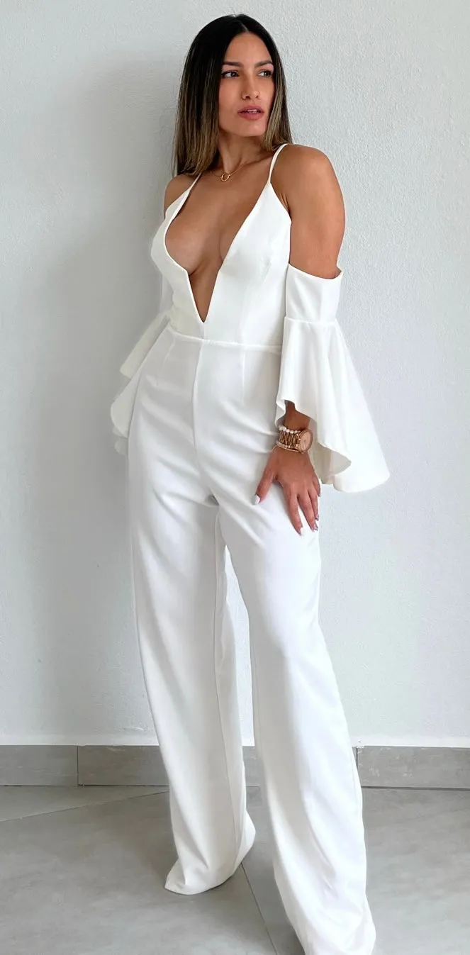 Sensation Ruffled White Off-the-Shoulder Jumpsuit