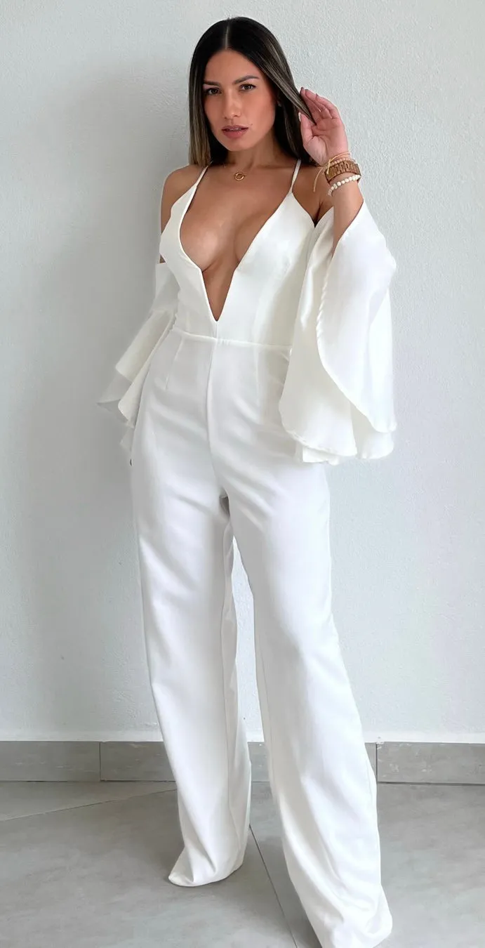 Sensation Ruffled White Off-the-Shoulder Jumpsuit