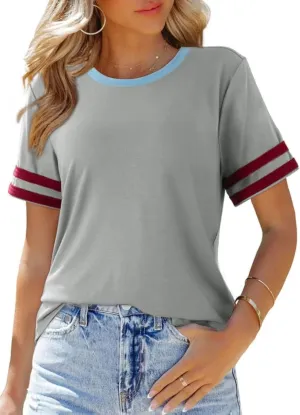 SHEWIN Women's Fashion Casual Crewneck Color Block T Shirts Short Sleeve Summer Tops Tees Slim Fit