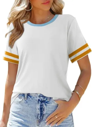 SHEWIN Women's Fashion Casual Crewneck Color Block T Shirts Short Sleeve Summer Tops Tees Slim Fit