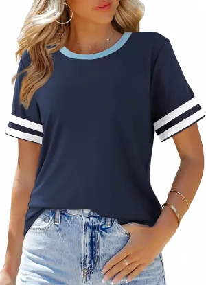 SHEWIN Women's Fashion Casual Crewneck Color Block T Shirts Short Sleeve Summer Tops Tees Slim Fit