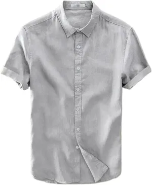 Short Sleeve Linen Shirt Men Turn-Down Collar Shirts Mens