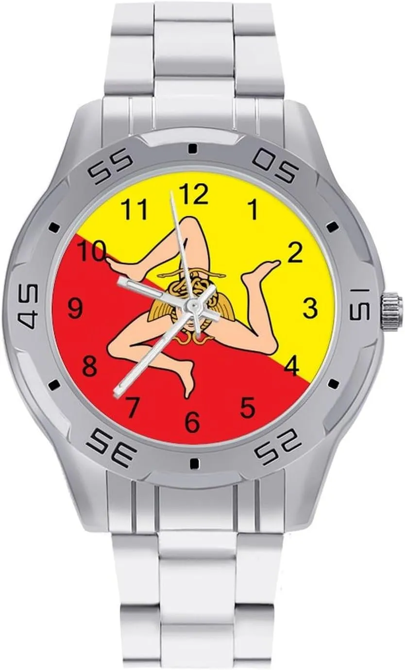Sicilian Flag Stainless Steel Metal Strap Simple Business Watches for Men Easy Reader Work Casual Watch