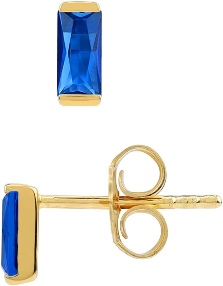 Silvershake 5X2.5mm Petite Baguette Shape Birthstone Gemstone White Gold Plated or Yellow Gold Plated 925 Sterling Silver Minimalist Stud Post Earrings Jewelry for Women