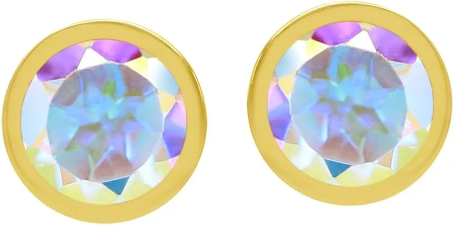 Silvershake Petite 5MM Round Shape Gemstones White Gold Plated 14K 18K Yellow Gold Plated 925 Sterling Silver Bezel Set Birthstone Stud Post Earrings Jewelry for Women and Teens