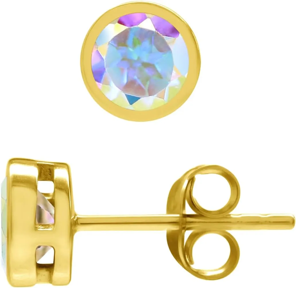 Silvershake Petite 5MM Round Shape Gemstones White Gold Plated 14K 18K Yellow Gold Plated 925 Sterling Silver Bezel Set Birthstone Stud Post Earrings Jewelry for Women and Teens