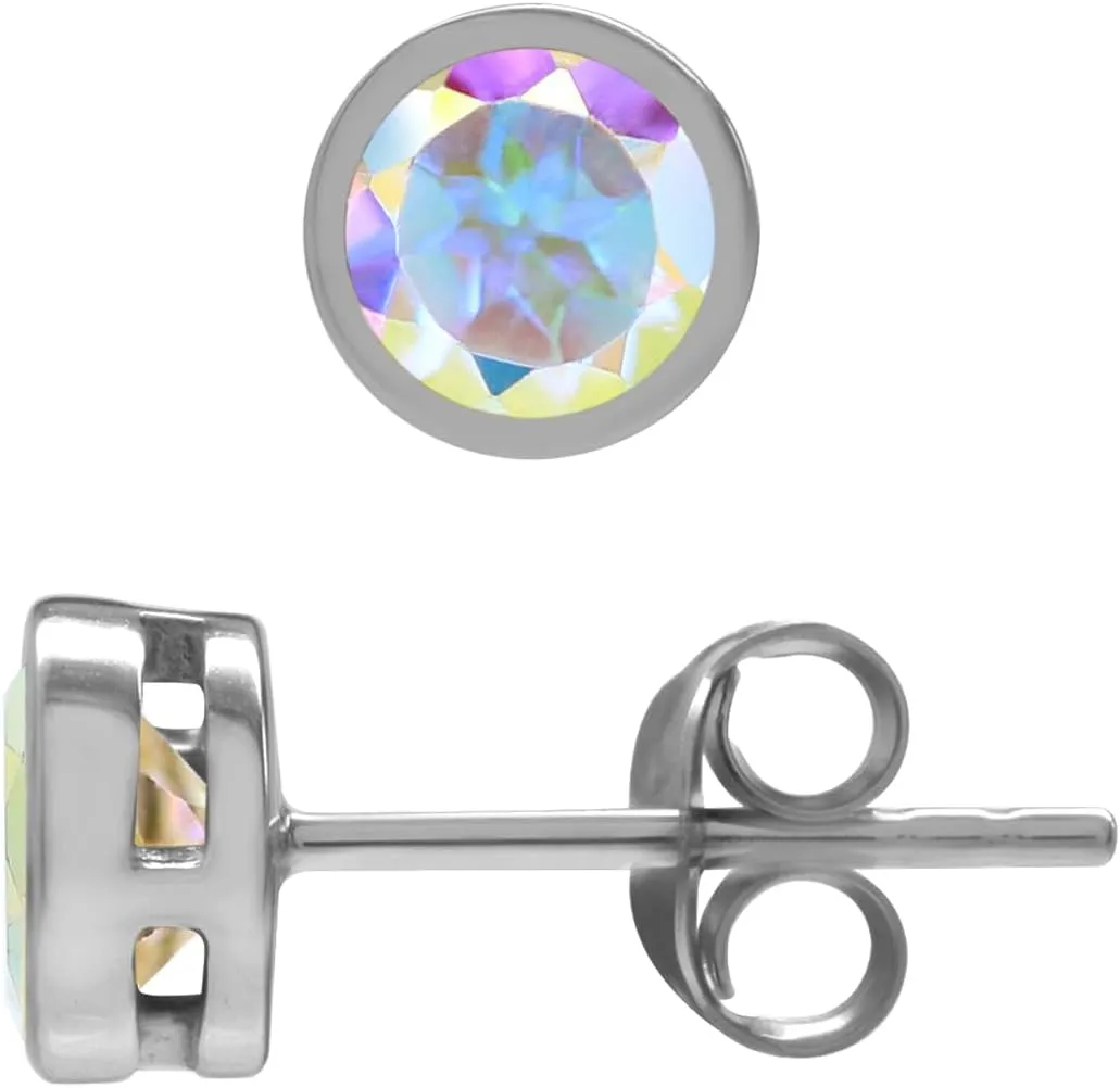 Silvershake Petite 5MM Round Shape Gemstones White Gold Plated 14K 18K Yellow Gold Plated 925 Sterling Silver Bezel Set Birthstone Stud Post Earrings Jewelry for Women and Teens