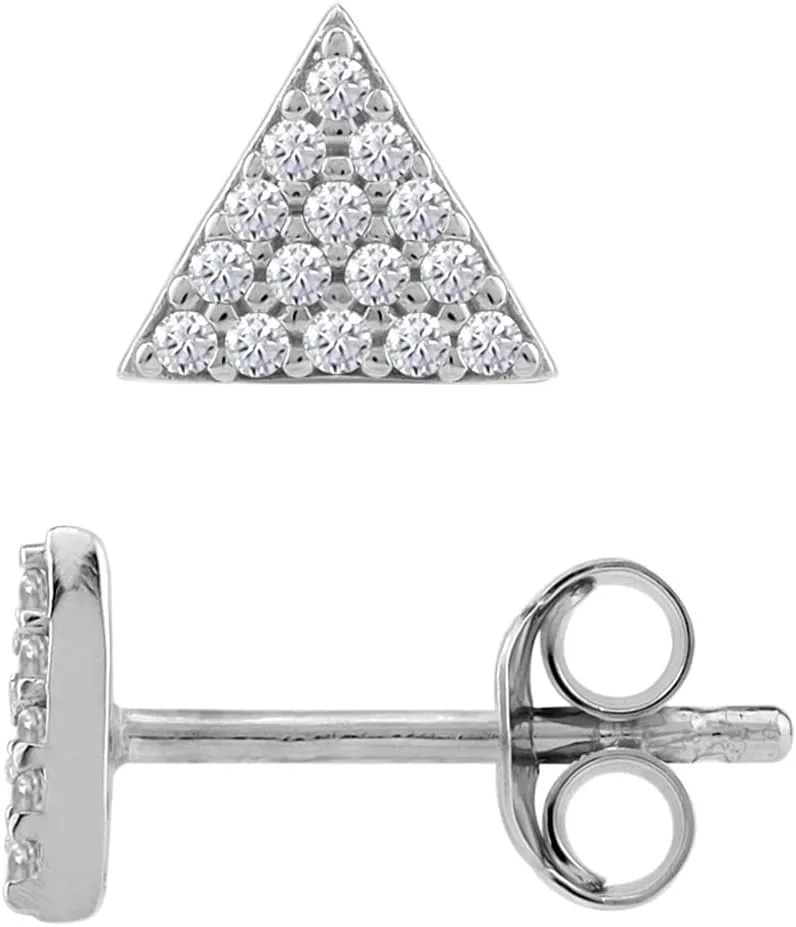 Silvershake Petite Round Shape Gemstone White Gold Plated or Yellow Gold Plated 925 Sterling Silver Minimalist Triangle Design Geometric Trendy Chic Stud Earrings Jewelry for Women