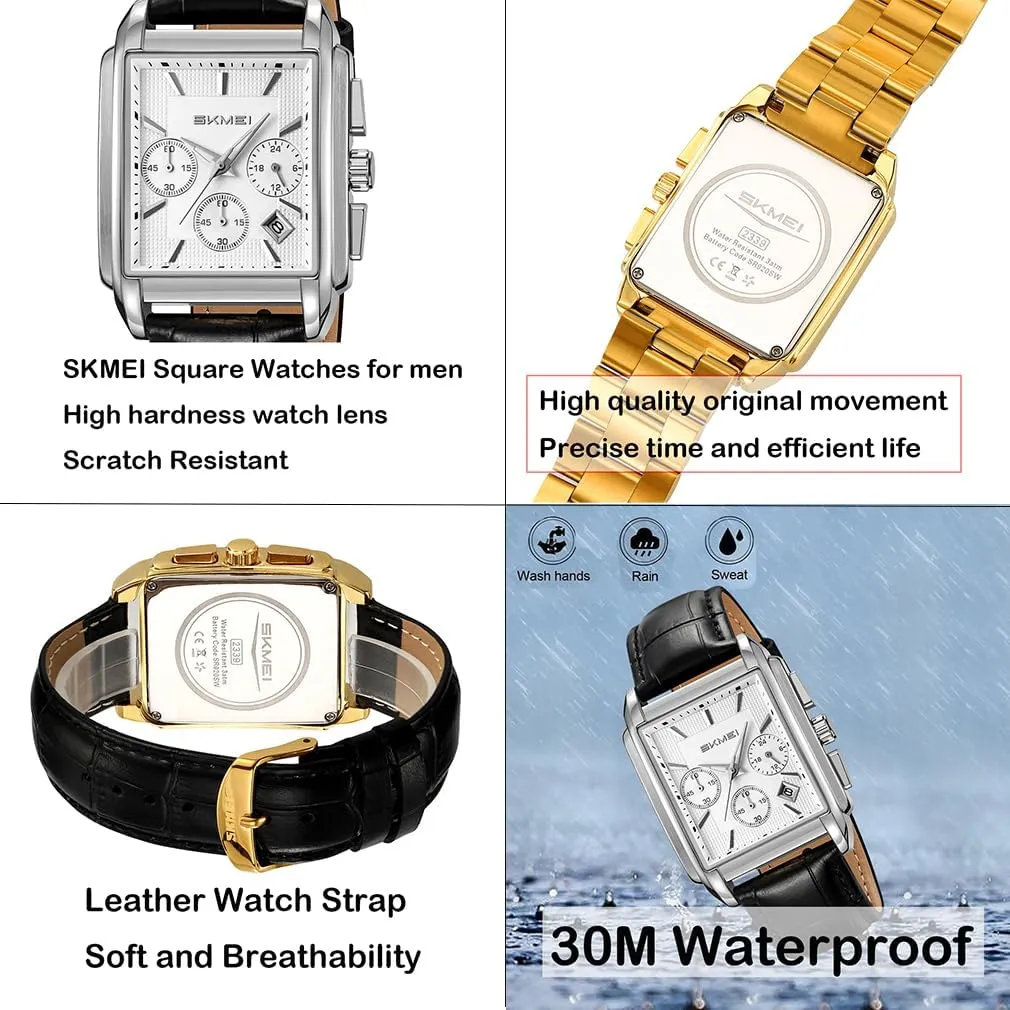 SKMEI Square Watch for Men Business Stainless Dress Fashion Chronograph Waterproof Luxury Analog Simple Fathers Dad Gifts Gold Black Wrist Watches