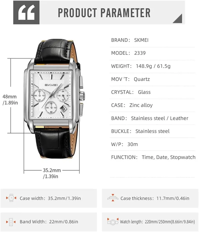 SKMEI Square Watch for Men Business Stainless Dress Fashion Chronograph Waterproof Luxury Analog Simple Fathers Dad Gifts Gold Black Wrist Watches