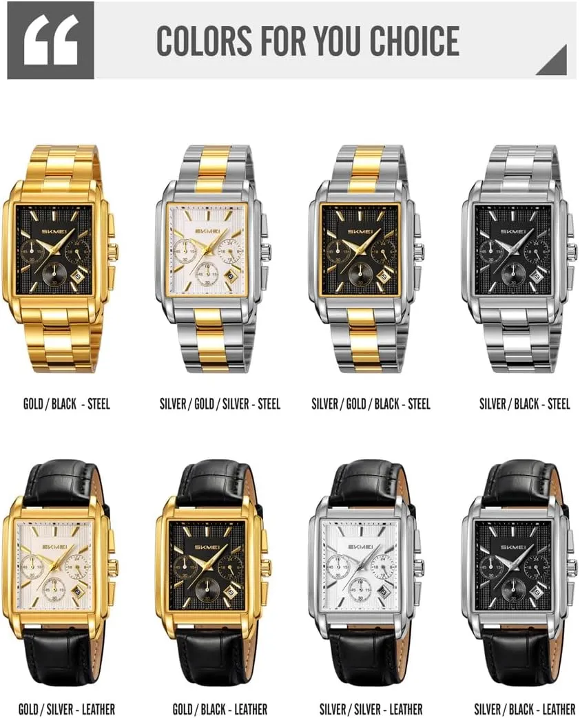 SKMEI Square Watch for Men Business Stainless Dress Fashion Chronograph Waterproof Luxury Analog Simple Fathers Dad Gifts Gold Black Wrist Watches