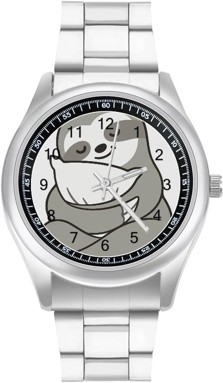 Sleepy Sloth Hugging Pillow Stainless Steel Strap Business Watches for Men Easy Reader Work Casual Watch