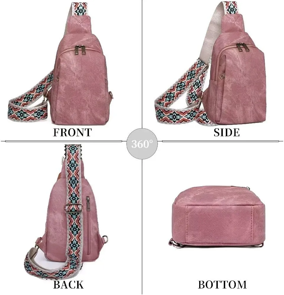 Sling Bag for Women Crossbody Purse Vegan Leather Crossbody Bags Fanny Pack Purse Backpack Over Shoulder Bag with Adjustable Guitar Strap for Travel, Pink