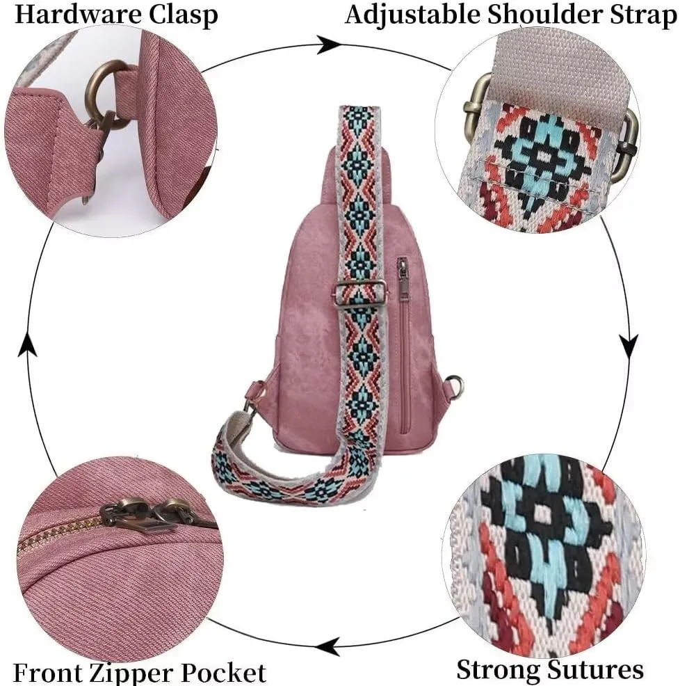 Sling Bag for Women Crossbody Purse Vegan Leather Crossbody Bags Fanny Pack Purse Backpack Over Shoulder Bag with Adjustable Guitar Strap for Travel, Pink