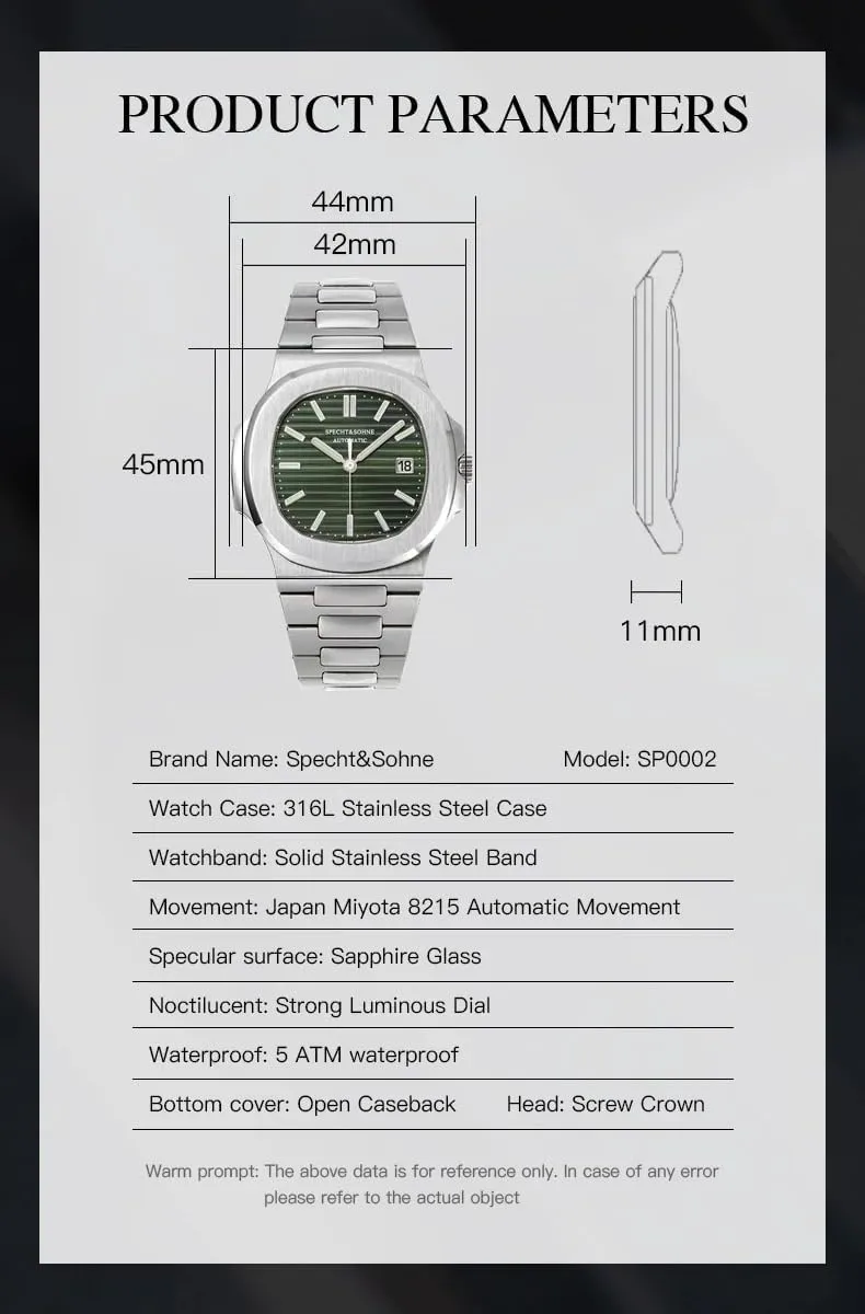 SPECHT&SOHNE Automatic Watches for Men Japan Miyota 8215 Mechanical Watch Stainless Steel Sapphire Waterproof
