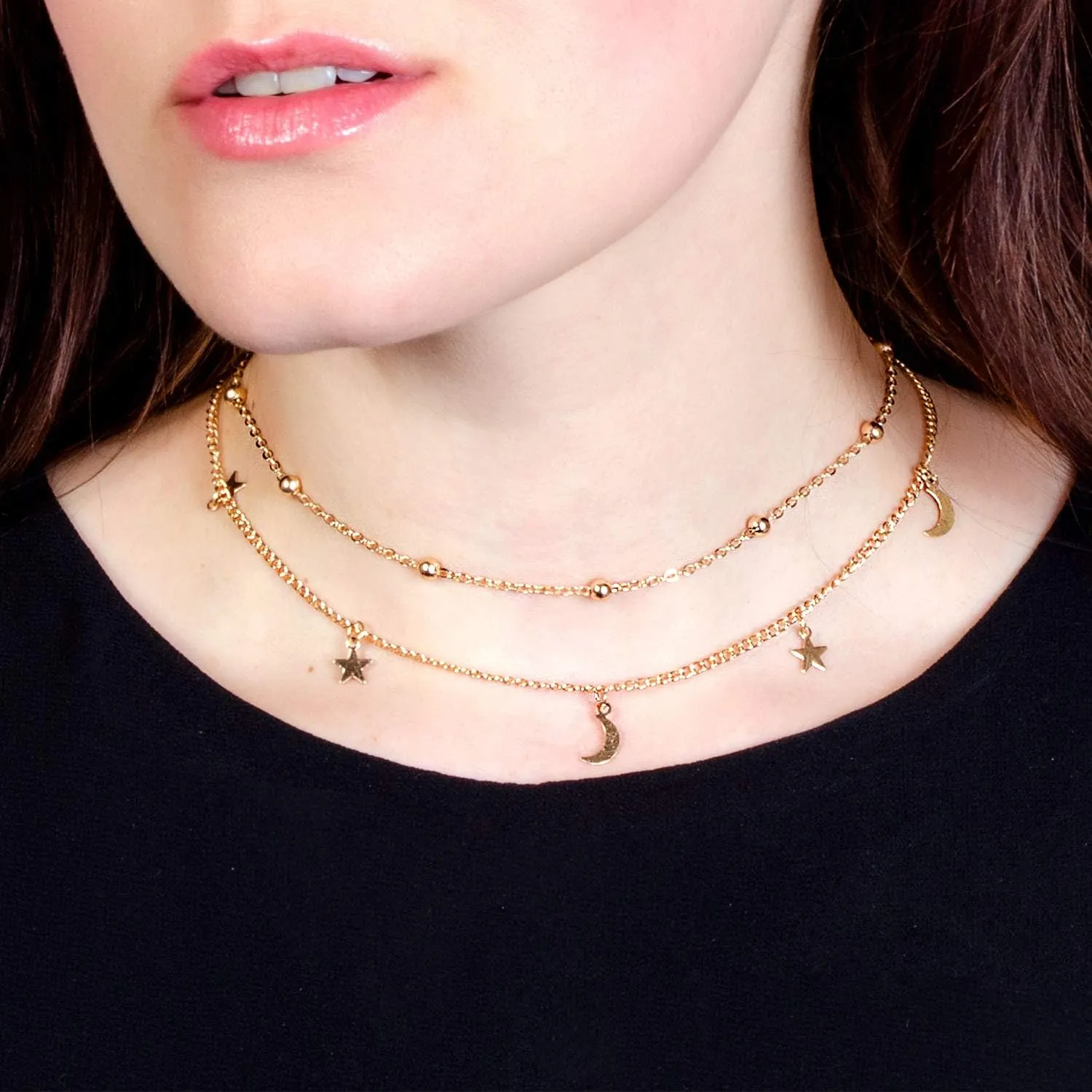 Star Moon Charm Necklace Layering Chain Choker for Women