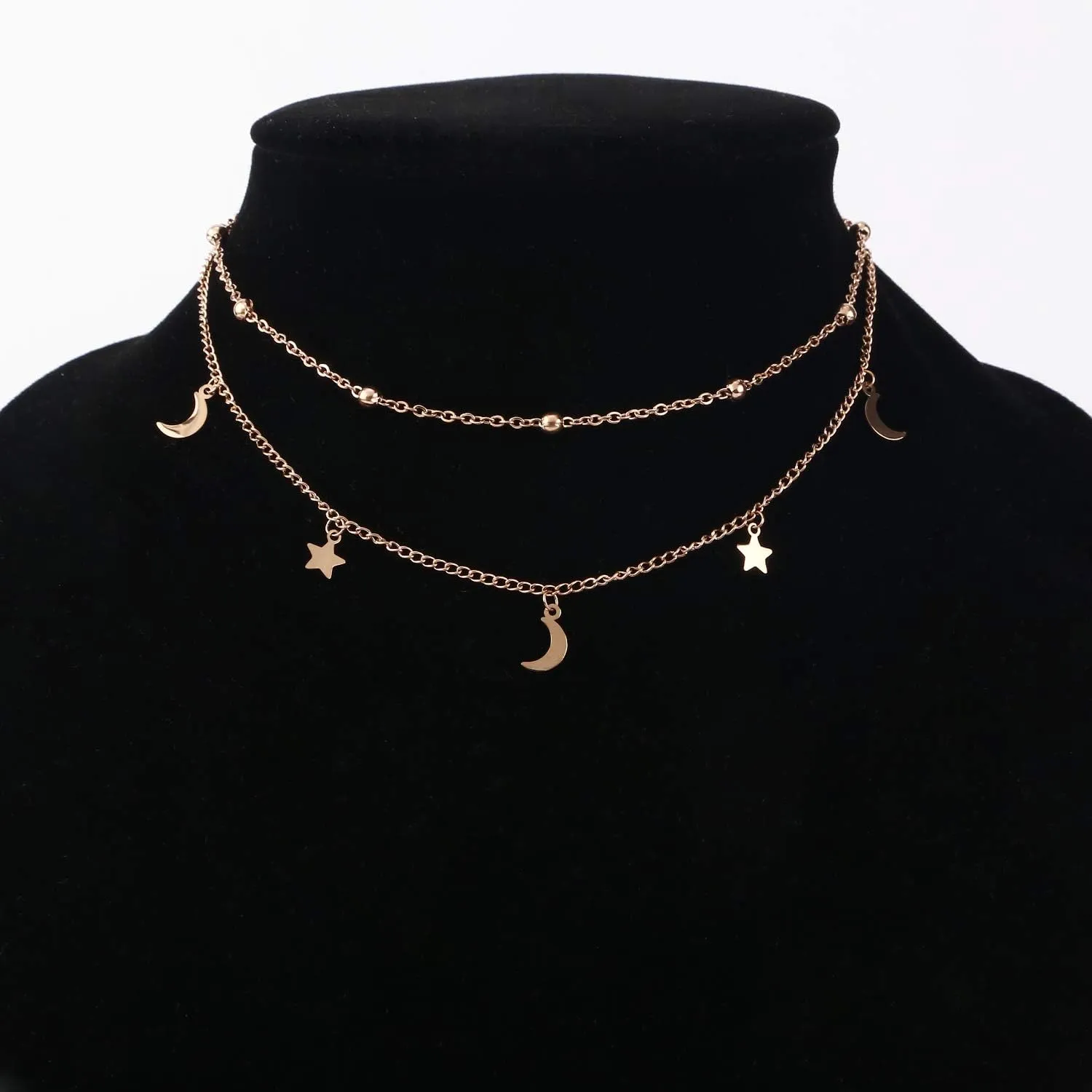 Star Moon Charm Necklace Layering Chain Choker for Women