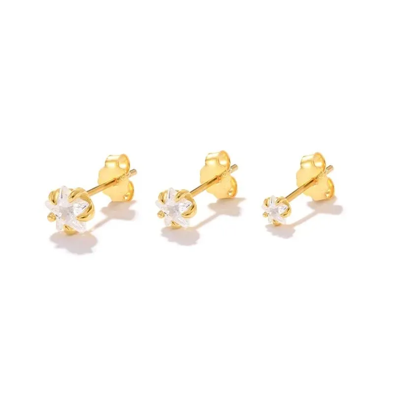 Stellar Elegance: Set of 3 Minimalist 925 Sterling Silver Gold-Plated Diamond Star Stud Earrings for Women (set of 3 gold)